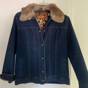 Dana Buchman denim jacket with removable faux fur collar.